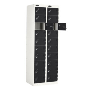 White media storage locker with black lockable doors and two open centre compartments