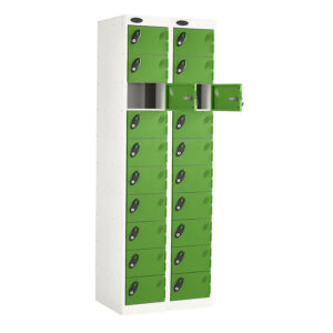 White media storage locker with green doors and two open compartments