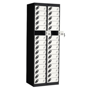 Tall black and white electrical charging locker with multiple lockable compartments and two open doors