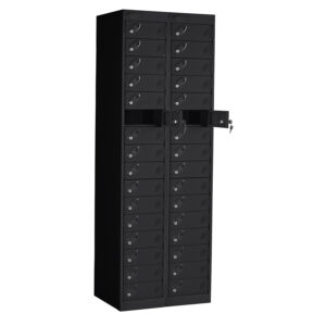 Black Probe PowerBox charging locker with two columns of lockable compartments and two doors open