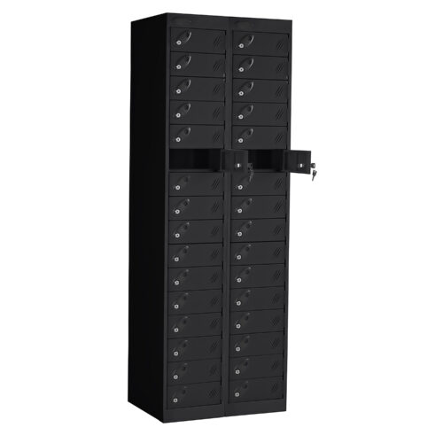 Black Probe PowerBox charging locker with two columns of lockable compartments and two doors open