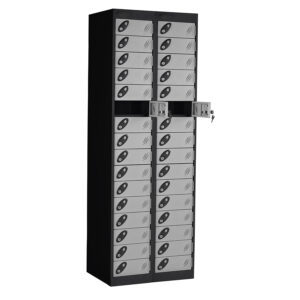 Tall black charging locker with silver compartment doors and two open lockers showing keys