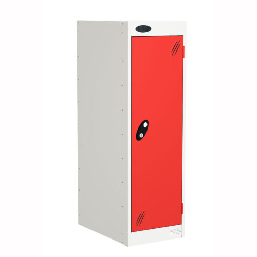 Tall white storage locker with a red single door and black lock handle