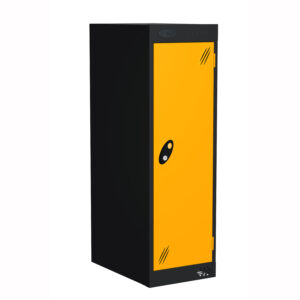 Black media storage locker with yellow single door and lock