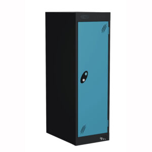 Black media storage locker with blue ventilated door and lock handle