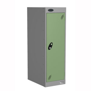 Tall grey storage locker with a single green door and lockable black handle