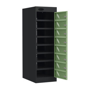 Black electrical charging locker with eight open green compartment doors