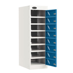 White media storage locker with eight open compartments and blue lockable doors