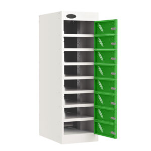 White storage locker unit with eight open compartments and green lockable doors along one side