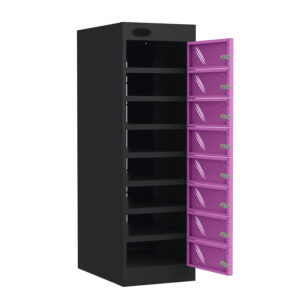Black media storage cabinet with eight open compartments and purple lockable doors swung open