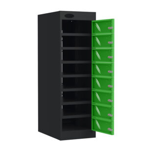 Tall black media storage locker with eight green lockable doors open on the right