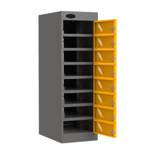 Grey media storage cabinet with eight open yellow lockable doors and black internal compartments