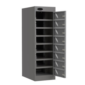 Grey steel media storage locker with multiple open compartments and side hinged lockable doors