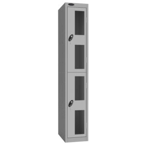 Grey metal locker with four vision panel doors and black key locks
