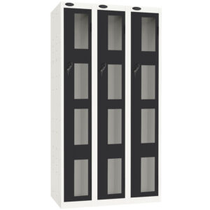 Three white lockers with black vision panel doors and clear window sections