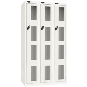 Three white vision panel locker doors with black handles and rectangular clear panels