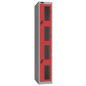 Red vision panel locker with four doors and black window inserts in a grey frame