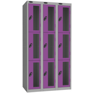 Three column locker with grey frame and purple vision panel doors with black handles and keys
