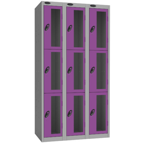 Three column locker with grey frame and purple vision panel doors with black handles and keys