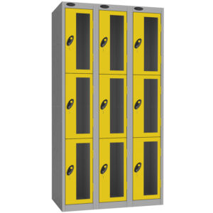 Yellow and grey locker unit with nine vision panel doors and black key locks