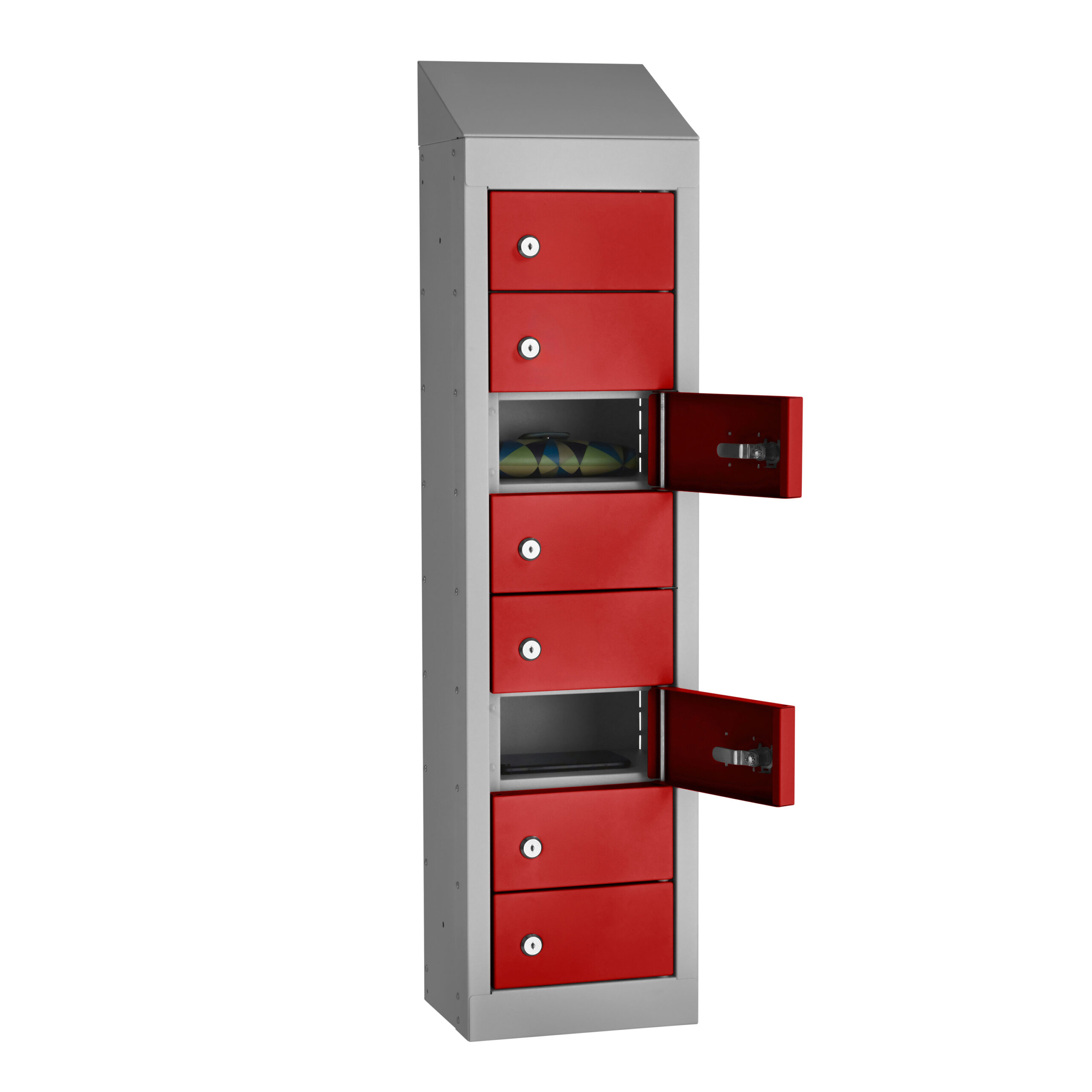 Tall grey steel personal effects locker with red lockable doors and two open compartments