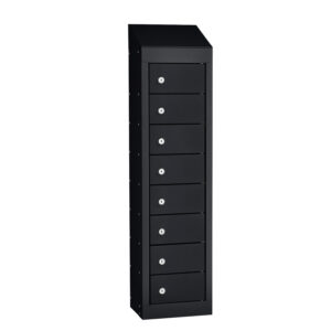 Black steel personal effects locker with eight lockable compartments and sloping top