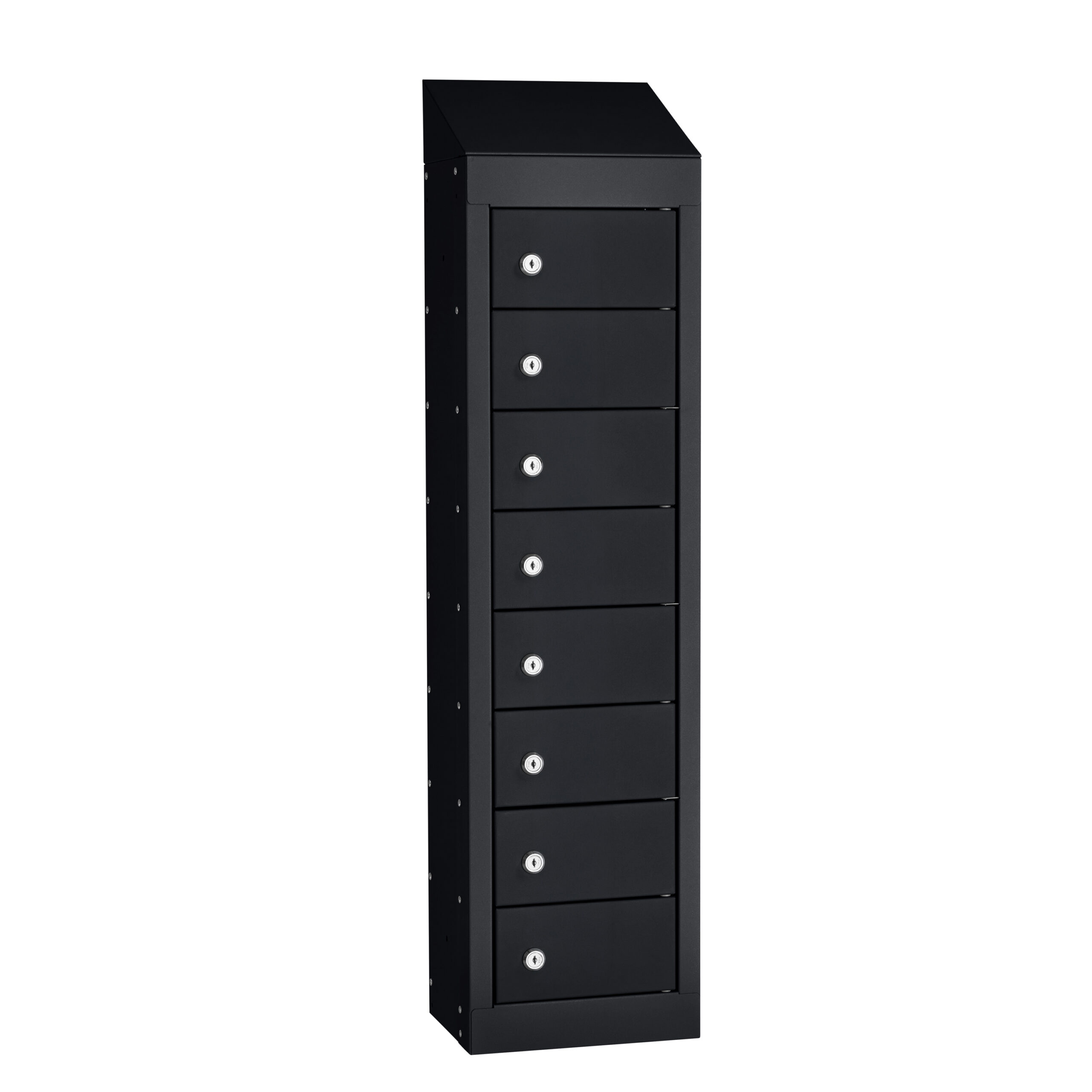 Black steel personal effects locker with eight lockable compartments and sloping top