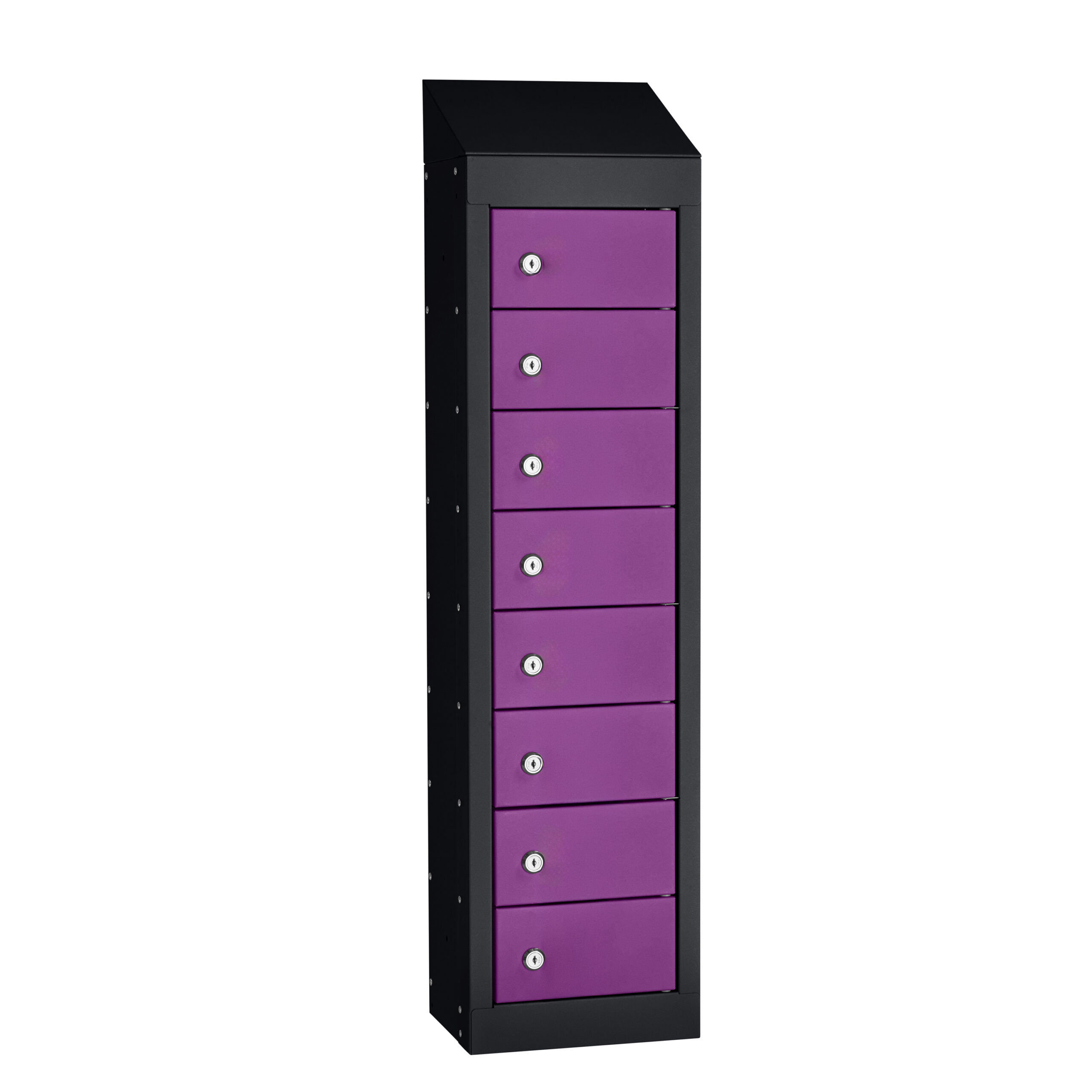 Tall black personal effects locker with eight purple lockable compartments and sloping top
