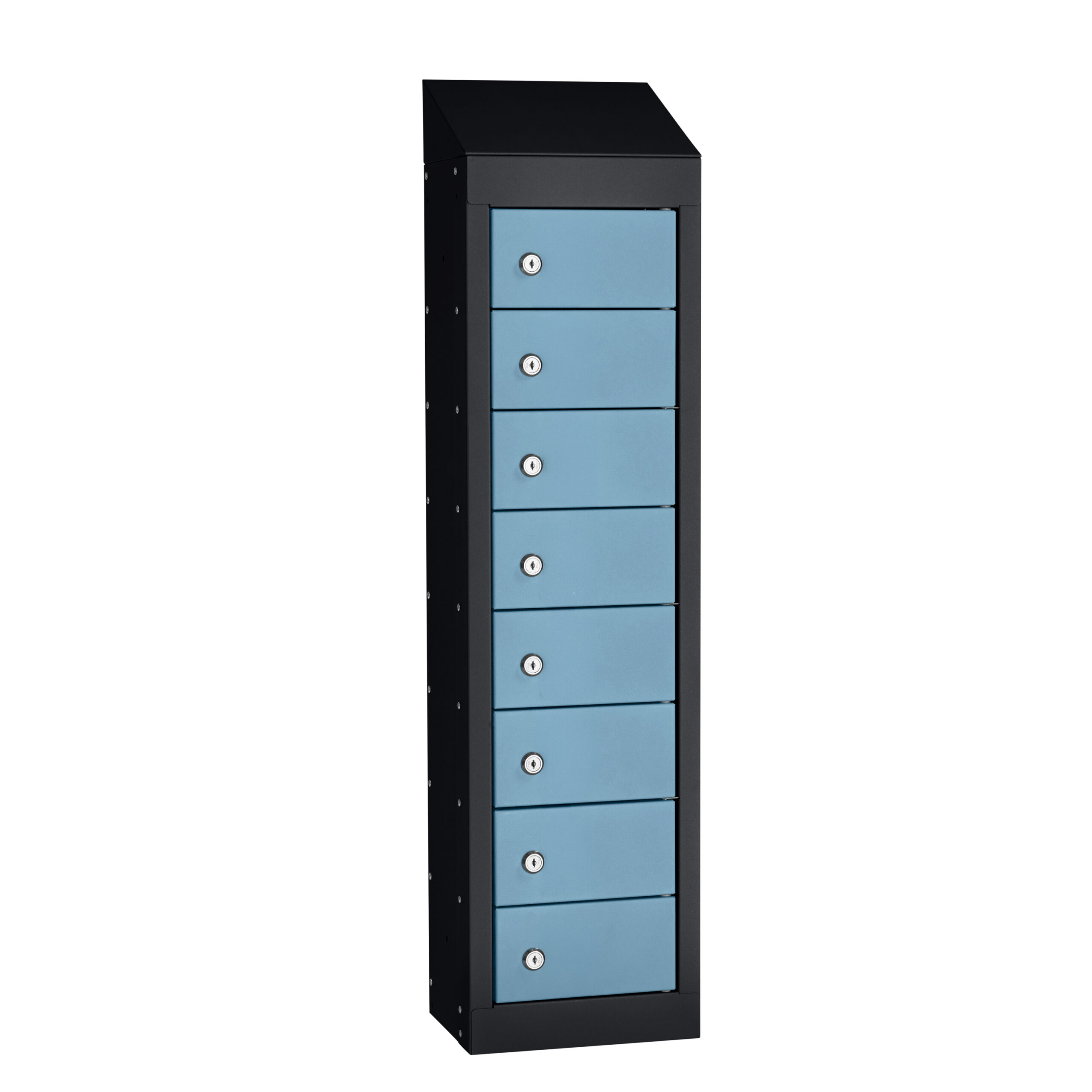 Tall black personal effects locker with eight blue lockable compartments and a sloping top